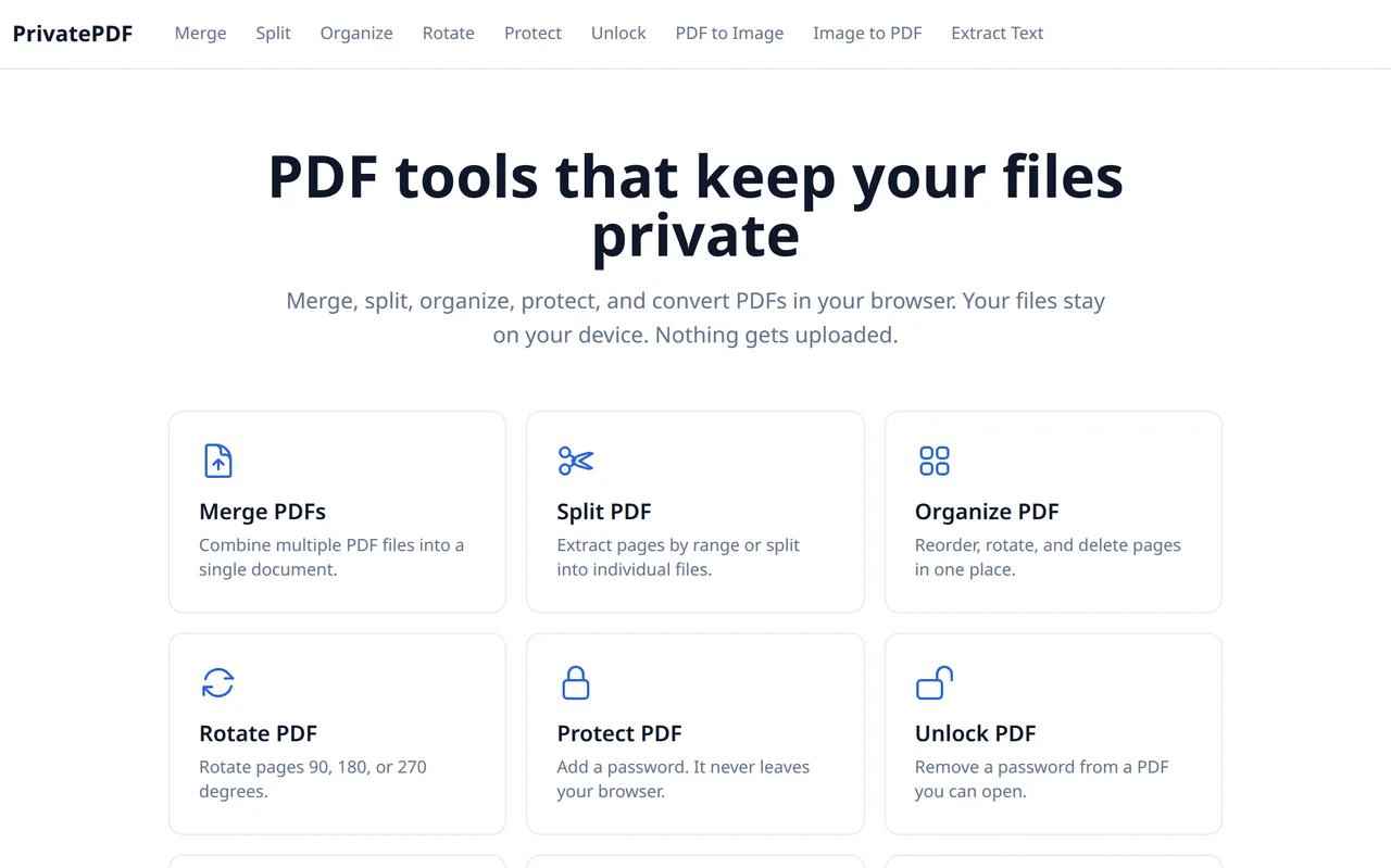 PrivatePDF's home page, with tools like Merge PDFs, Split PDF and Organize PDF