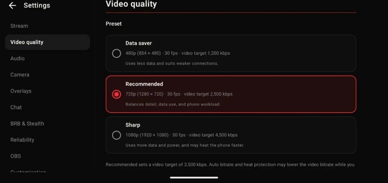 Roam Live's video quality settings, with data saver, recommended and sharp presets